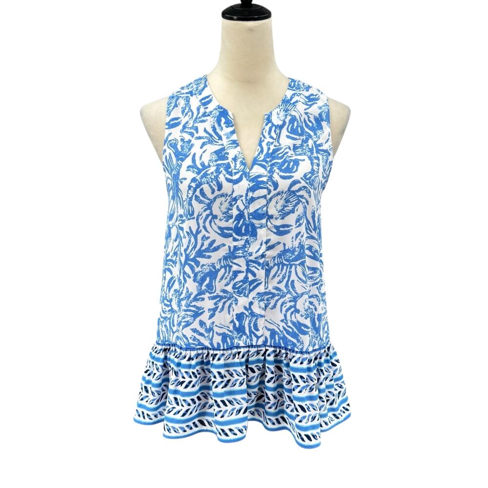 Lilly Pulitzer NWT Gramercy Resort White Blue Print Sleeveless Top Peplum Tank - Picture 2 of 11